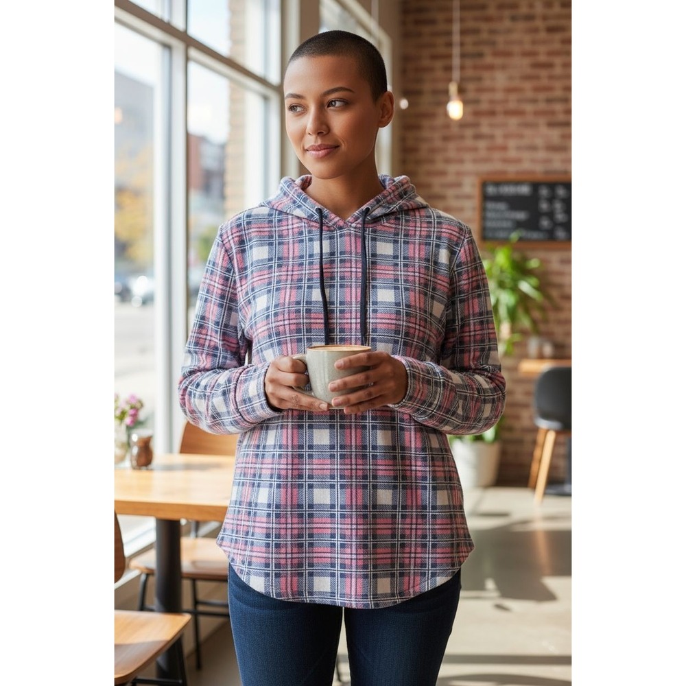 Wearing Your Heart On Your Sleeve Plaid Hoodie Pink Blue White XL Pullover